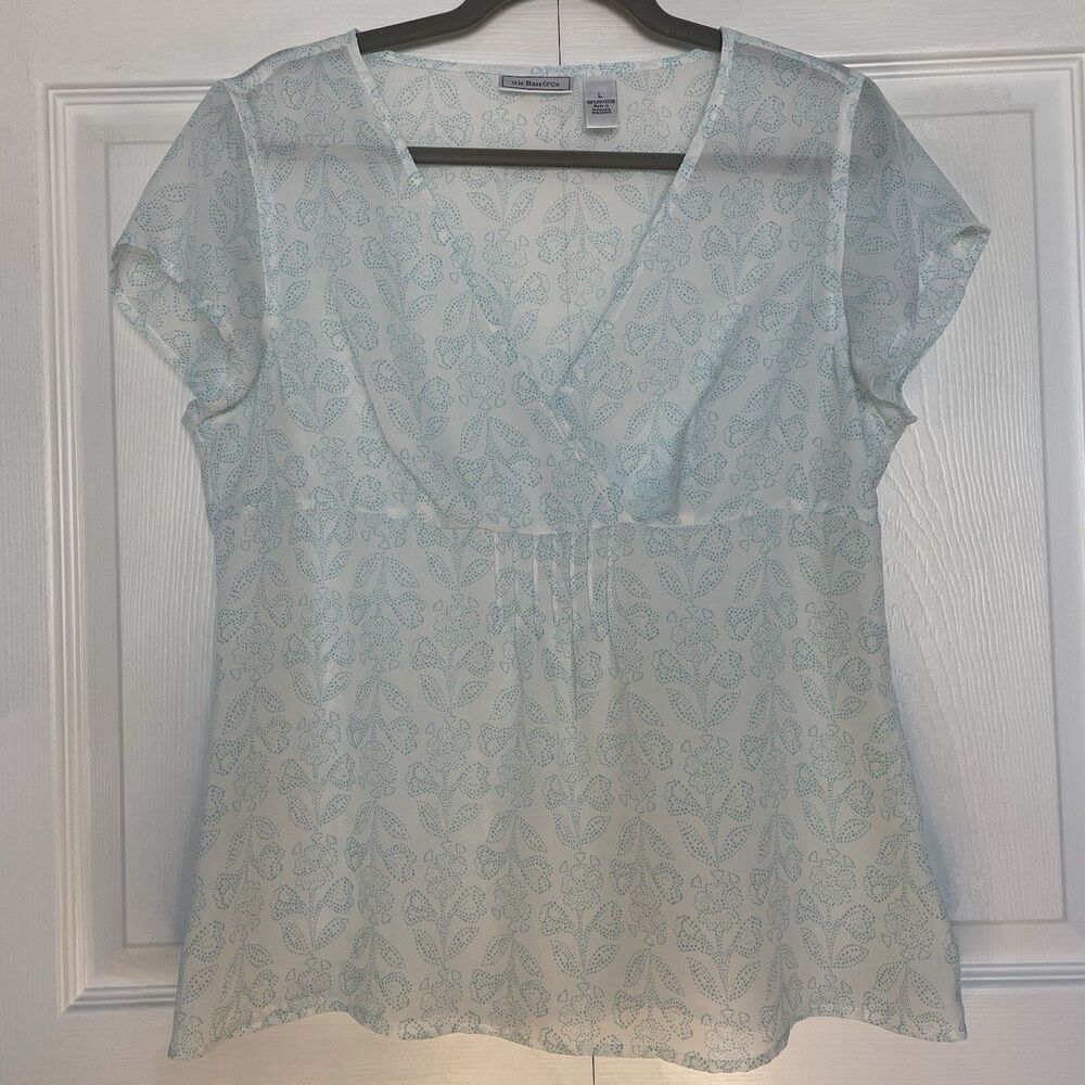 G.H. Bass & Co. Sheer Cap Sleeve Blouse White/Blue Floral Print Women’s Size L